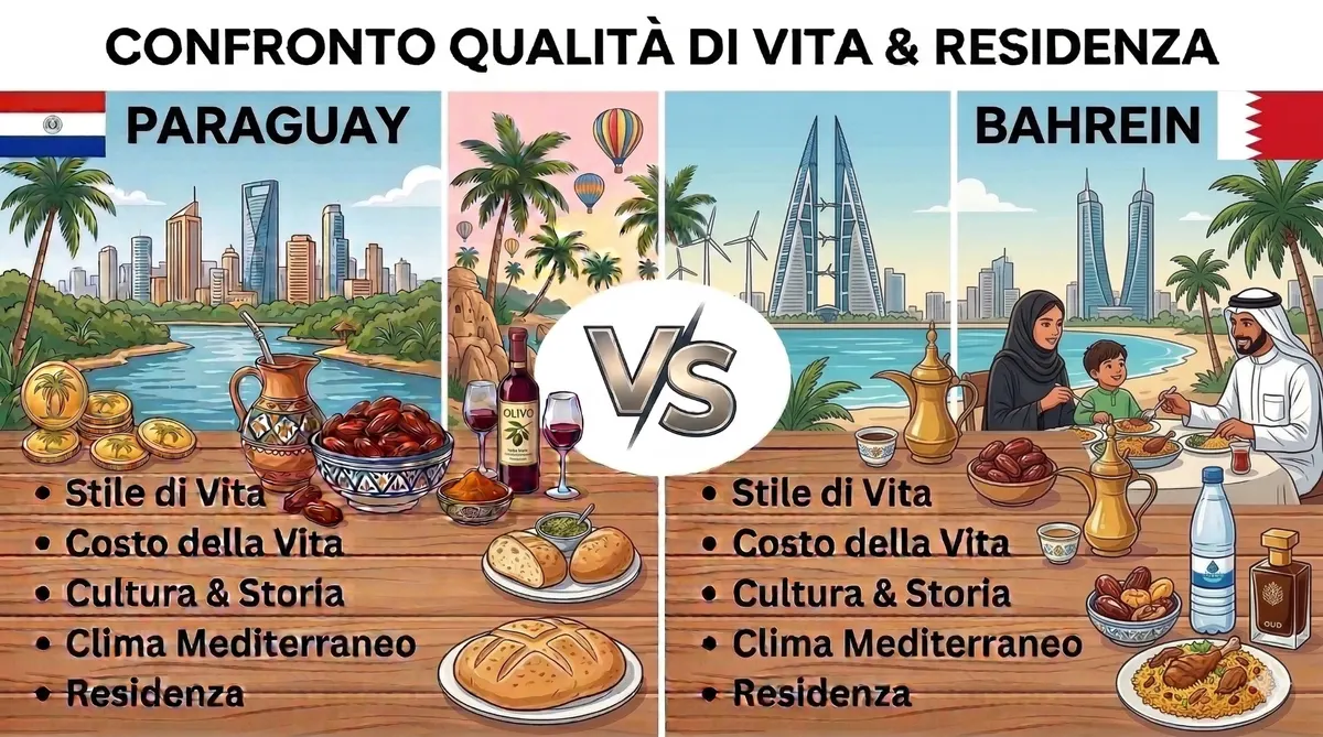 Confronto qualità di vita e residenza Paraguay vs Bahrein — stile di vita, costo, cultura e fiscalità