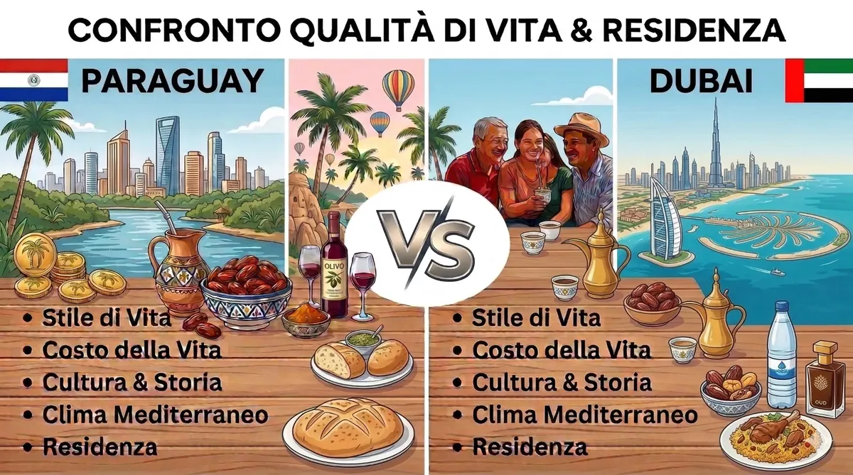Confronto qualità di vita e residenza Paraguay vs Dubai — stile di vita, costo, cultura e fiscalità