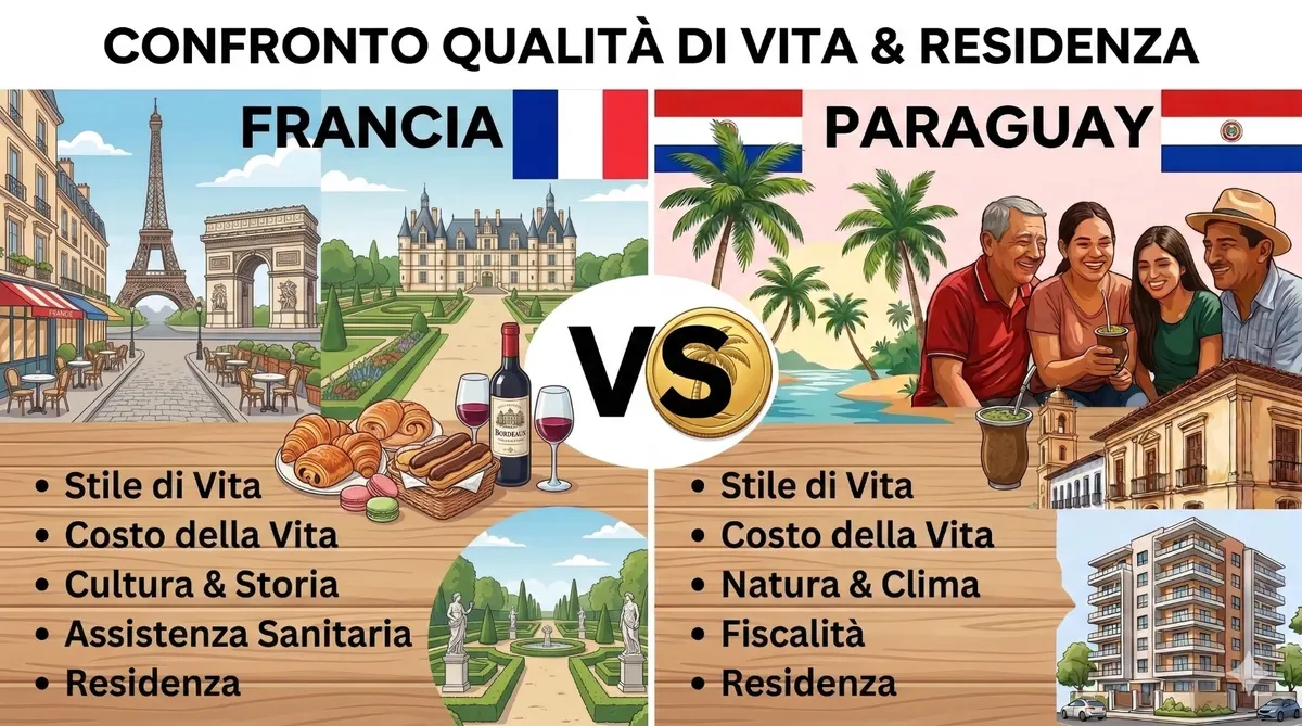 Confronto qualità di vita e residenza Francia vs Paraguay — stile di vita, costo, cultura e fiscalità