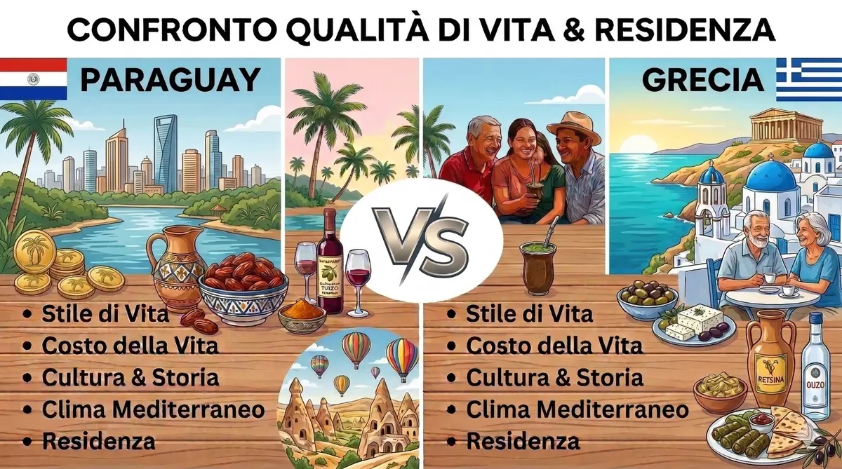 Confronto qualità di vita e residenza Paraguay vs Grecia — stile di vita, costo, cultura e fiscalità
