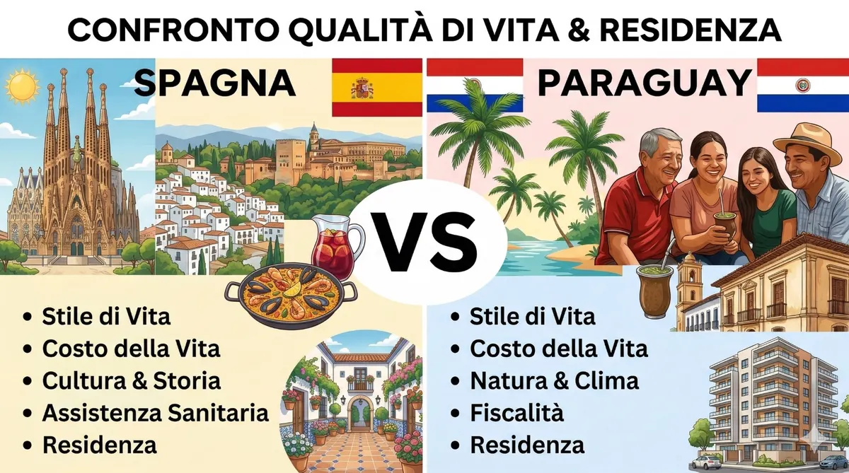 Confronto qualità di vita e residenza Spagna vs Paraguay — stile di vita, costo, cultura e fiscalità