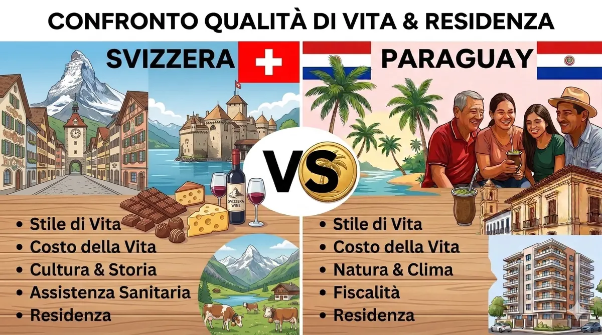 Confronto qualità di vita e residenza Svizzera vs Paraguay — stile di vita, costo, sanità e residenza