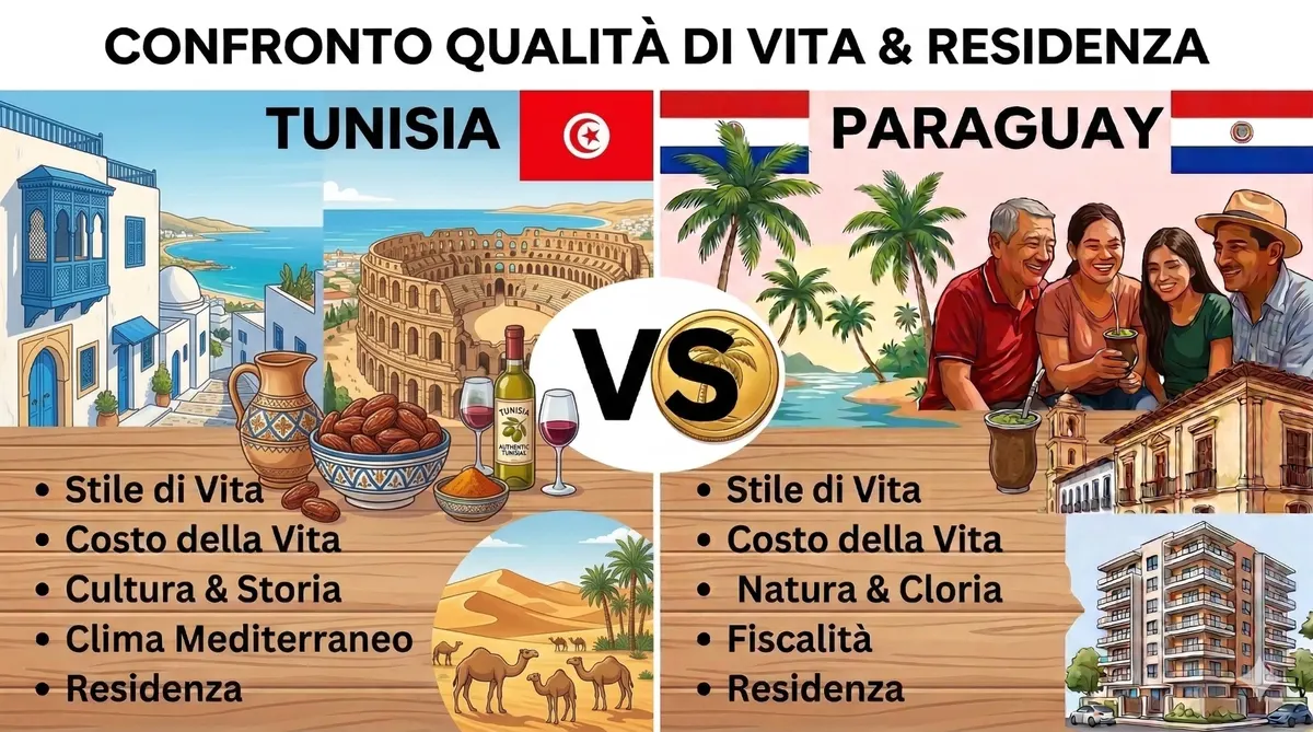 Confronto qualità di vita e residenza Tunisia vs Paraguay — stile di vita, costo, cultura e fiscalità